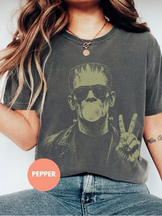 Gildan Tops - Olive Green Tee with Light Green Frankenstein Graphic